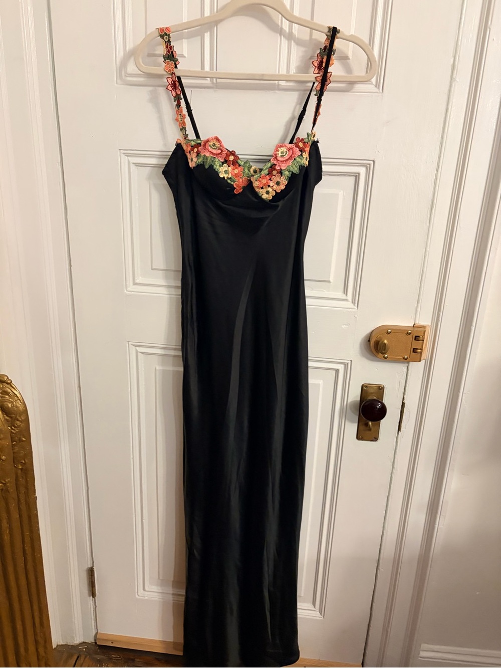 Angel Biba Black Maxi Slip Dress with Coral and Pink Floral Embroidery - Picture 1 of 2